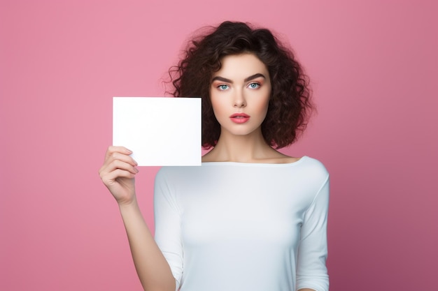 Une jeune femme tient une feuille de papier blanche et un fond brillant