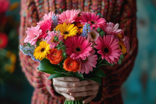 Une jeune femme tient un grand bouquet de fleurs colorées