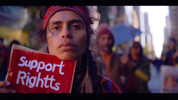 Photo une jeune femme tient un panneau disant support rights lors d'une manifestation dans la ville