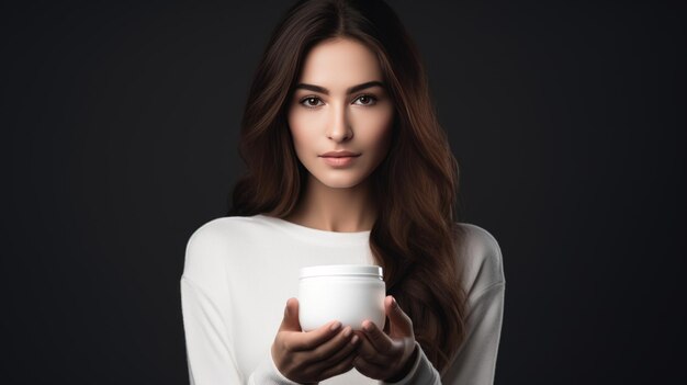 Une jeune femme tient un pot avec une crème cosmétique Une femme attrayante avec une peau parfaite sur un fond sombre Créée avec la technologie d'IA générative