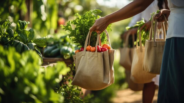 Photo une jeune femme tient un sac écologique plein de légumes et de légumes du marché des agriculteurs créé avec la technologie d'ia générative