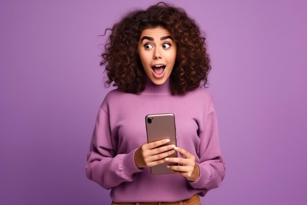 Une jeune femme tient son téléphone portable, étonnée des ventes, tient son appareil, porte une tenue à la mode isolée sur un fond de couleur.