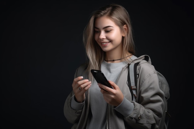 Une jeune femme tient un téléphone et sourit.