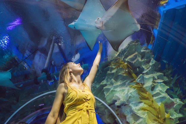 Jeune femme touche un poisson raie dans un tunnel de l'océanarium