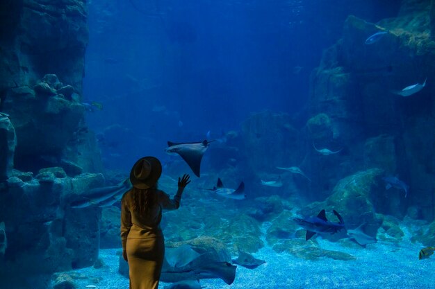 Photo une jeune femme touche une raie dans un tunnel de l'océanarium.