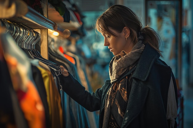 Photo une jeune femme en train de parcourir des vêtements dans un magasin d'épargne.