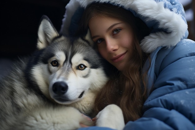 Photo une jeune femme en train de s'embrasser avec son chien husky