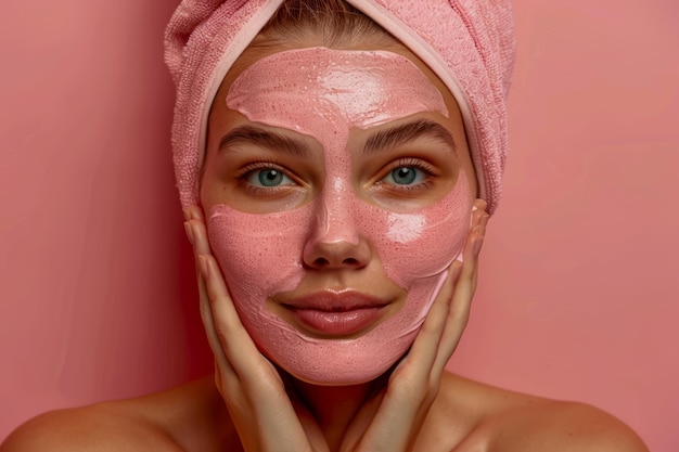 Une jeune femme avec un traitement de masque d'argile rose rafraîchissant sur le visage contre un fond pastel