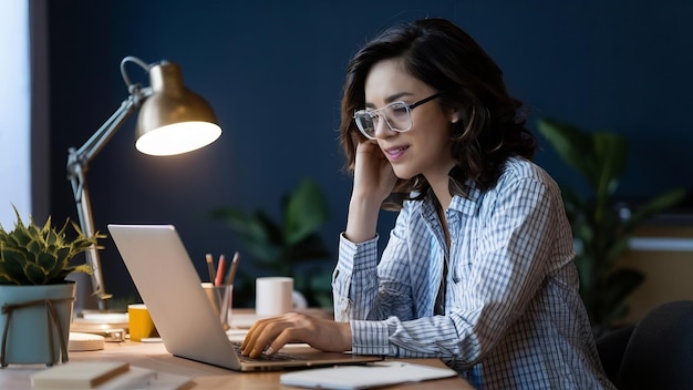 Une jeune femme travaillant sur un bureau avec un ordinateur portable isolé