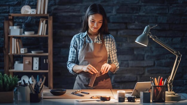 Photo jeune femme travaillant dans son espace de travail femme portant un tablier et faisant une ceinture grounge pierre foncée te