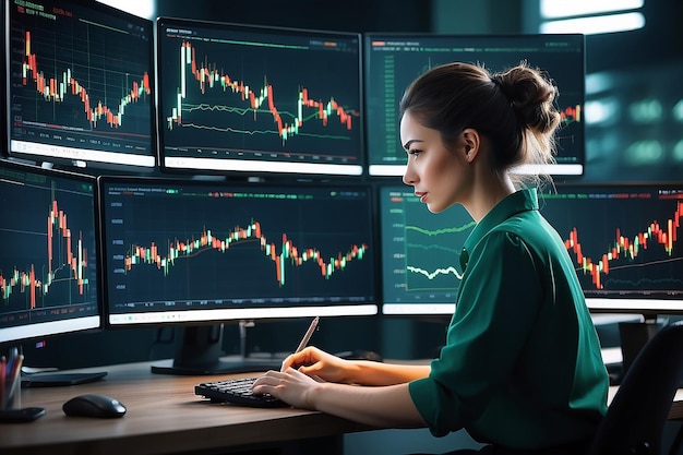 Jeune femme travaillant la nuit dans un bureau moderne