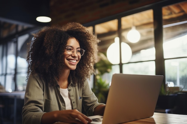 Jeune femme travaillant avec un ordinateur portable sur fond de bureau flou