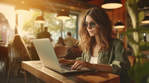 Une jeune femme travaillant sur un ordinateur portable indépendant ou étudiant avec un ordinateur dans un café à table Generative Ai