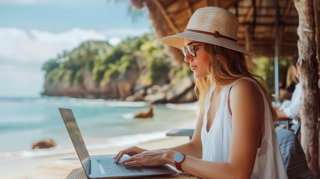 Une jeune femme travaillant avec un ordinateur portable sur la plage Concept indépendant Une jolie femme utilisant un ordinateur portatif dans un café de plage