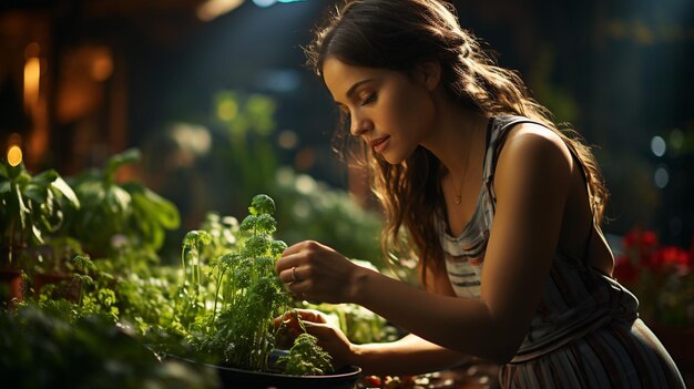 Jeune femme travaillant avec des plantes