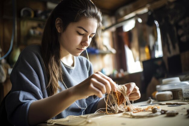 Une jeune femme travaillant sur un projet d'artisanat créé avec l'IA générative