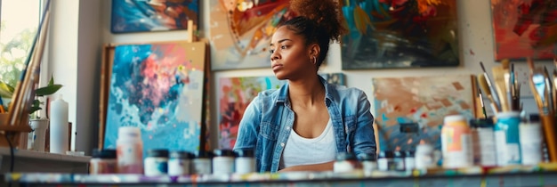 Photo une jeune femme travaillant sur un projet créatif dans son studio d'art entouré de toiles et de peintures
