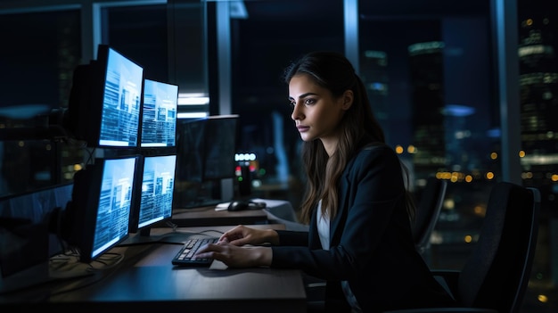 Une jeune femme travaille dans un bureau la nuit devant son ordinateur