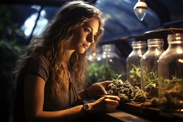 une jeune femme travaille dans un laboratoire pour cultiver de la marijuana médicale légale