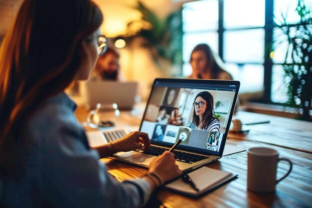 Une jeune femme travaille à distance au bureau avec d'autres collègues avec un ordinateur portable sur des appels vidéo