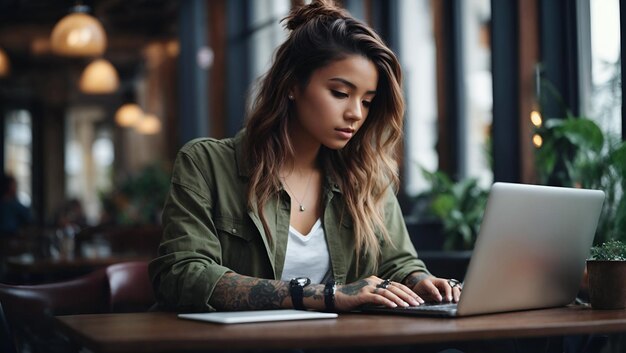 Une jeune femme travaille sur un ordinateur portable dans un café en souriant et en regardant la caméra Une fille avec un tatoueur, un travailleur indépendant ou un étudiant travaillent sur un ordinateurs portable à la table.