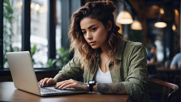 Une jeune femme travaille sur un ordinateur portable dans un café en souriant et en regardant la caméra Une fille avec un tatoueur, un travailleur indépendant ou un étudiant travaillent sur un ordinateurs portable à la table.