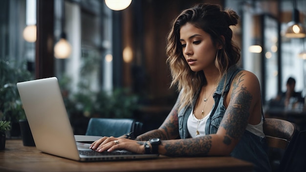 Une jeune femme travaille sur un ordinateur portable dans un café en souriant et en regardant la caméra Une fille avec un tatoueur, un travailleur indépendant ou un étudiant travaillent sur un ordinateurs portable à la table.
