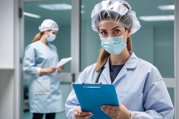 Photo une jeune femme, travailleuse clé du service d'urgence médicale, médecin devant une unité de soins intensifs, portant un masque facial de protection individuelle, tenant un formulaire de contrôle de santé du patient dans un laboratoire médical.