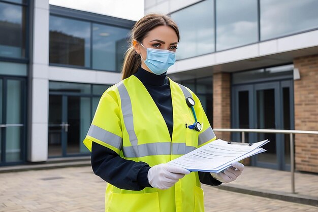 Une jeune femme, travailleuse clé du service d'urgence médicale, médecin devant une unité de soins intensifs, portant un masque facial de protection individuelle, tenant un formulaire de contrôle de santé du patient dans un laboratoire médical.