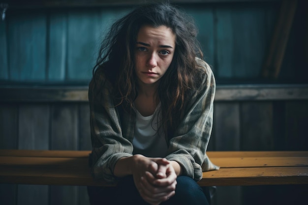 une jeune femme triste assise sur un banc dans une pièce rustique une jeune femme solitaire à l'air déprimée et stressée générée par l'IA