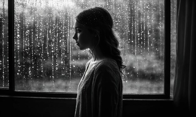 Une jeune femme triste debout près de la fenêtre sous la pluie noir et blanc ai génératif