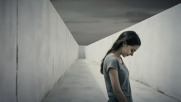 Une jeune femme triste isolée sur un mur blanc.