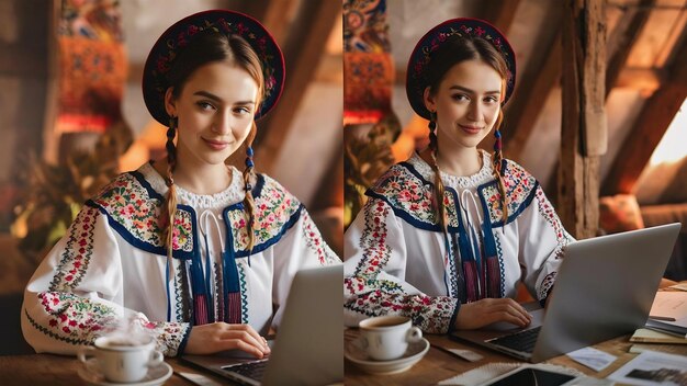 Photo jeune femme ukrainienne portant un vyshyvanka travaillant à domicile