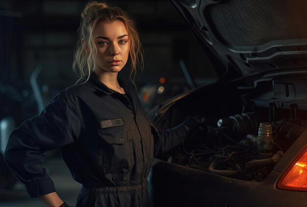 jeune femme en uniforme de travail travaillant sur une voiture dans un garage dans le style d'un clair-obscur intense