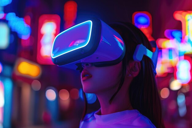 Une jeune femme utilisant des lunettes de réalité virtuelle dans des lumières au néon