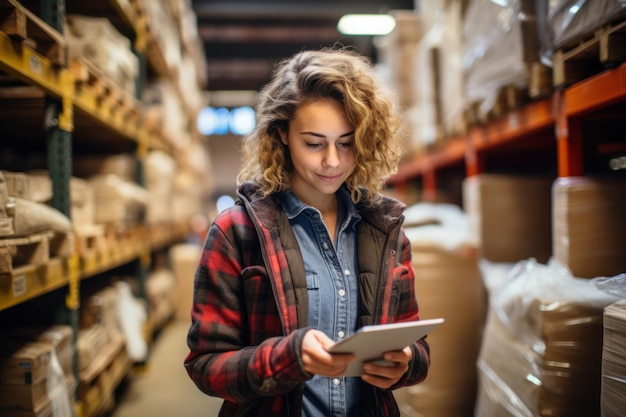 Une jeune femme utilisant la tablette numérique dans un entrepôt