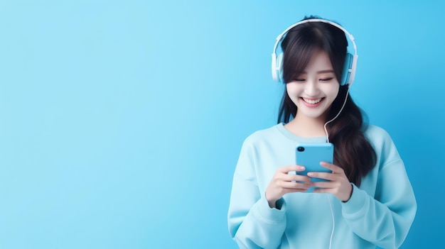 Jeune femme utilisant un téléphone intelligent pour écouter de la musique avec des écouteurs