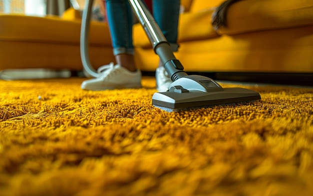 Une jeune femme utilise un aspirateur pour nettoyer le tapis dans la maison.