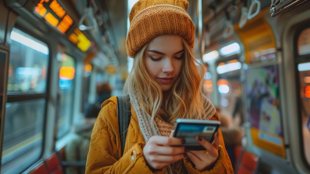 Une jeune femme utilise le paiement sans contact sur son smartphone dans le métro