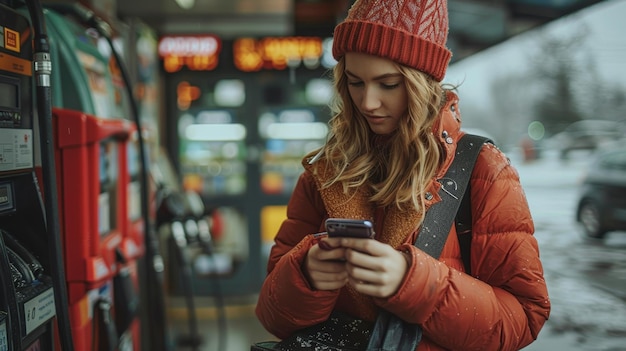 Une jeune femme utilise son smartphone pour payer à une station-service