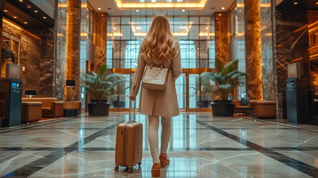 Jeune femme avec une valise dans le hall de l'hôtel Concept de voyage et de tourisme