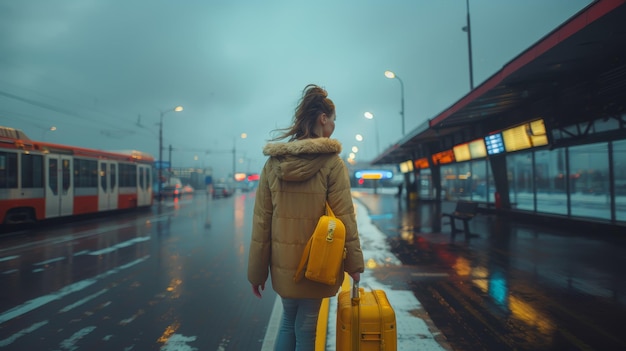 Une jeune femme avec une valise jaune à la gare routière de Rainy