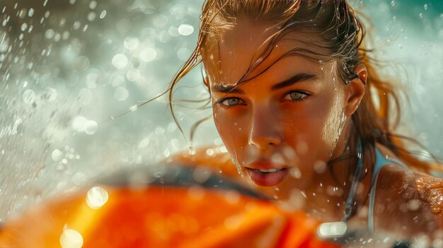 Une jeune femme sur un vélo d'eau dans la mer par une journée ensoleillée