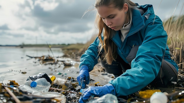 Photo une jeune femme en veste bleue et gants est agenouillée sur le rivage d'une plage polluée elle ramasse un morceau de déchets plastiques avec une main en gants