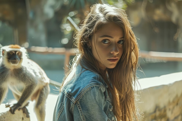 Une jeune femme en veste de denim décontractée avec une expression surprise et un singe curieux en focus doux