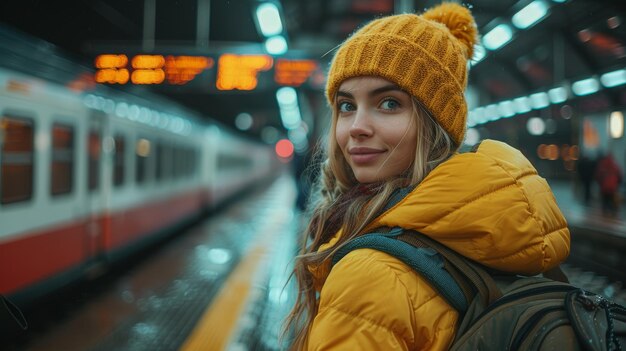 Une jeune femme en veste jaune attend à la gare un soir de neige