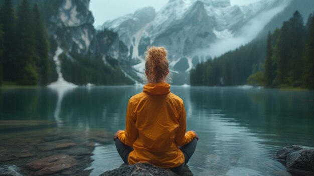 Une jeune femme en veste jaune est assise sur le rivage d'un lac de montagne et médite sur l'IA générative