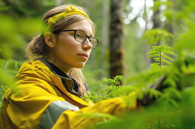 Photo une jeune femme en veste jaune explore une forêt verte luxuriante.