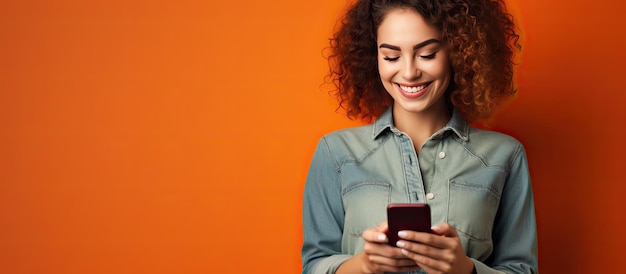 Jeune femme en vêtements décontractés en denim isolé sur un mur orange posant pour un portrait en studio Concept de style de vie avec téléphone mobile