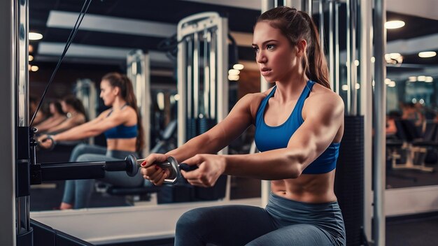 Jeune femme en vêtements de sport dans la salle de sport s'entraînant et tirant des poids dans une machine à câbles assise